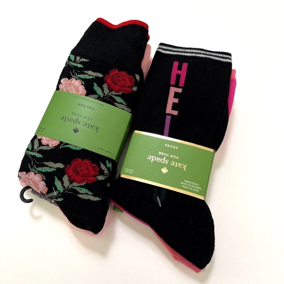 NWT Kate Spade 6 Pair Crew Socks Floral Hello Typography Checkered Stripe One SZ - Picture 1 of 5